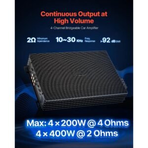 4 channel car audio amplifier 2 ohm stable bridgeable class a/b full range amp max power 4 x 200w @ 4 ohm / 4 x 400w @ 2 ohm for car suv truck off road