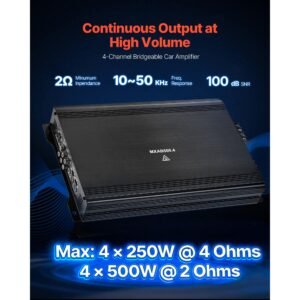 4 channel car audio amplifier 2 ohm stable bridgeable class a/b full range amp max power 4 x 250w @ 4 ohm / 4 x 500w @ 2 ohm for car suv truck off road