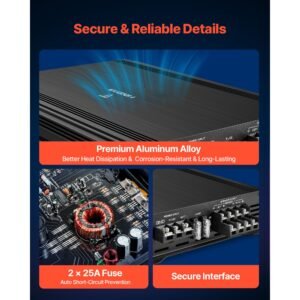 4 channel car audio amplifier 2 ohm stable bridgeable class a/b full range amp max power 4 x 250w @ 4 ohm / 4 x 500w @ 2 ohm for car suv truck off road