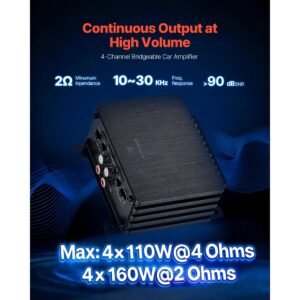 4 channel car audio amplifier 2 ohm stable bridgeable class d full range amp max power 4 x 110w @ 4 ohm / 4 x 160w @ 2 ohm for car suv truck off road