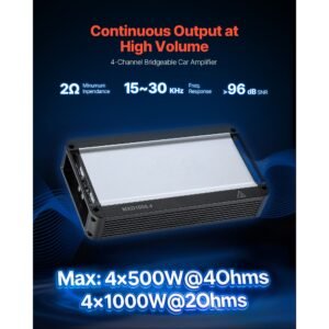 4 channel car audio amplifier 2 ohm stable bridgeable class d full range amp max power 4 x 500w @ 4 ohm / 4 x 1000w @ 2 ohm for car suv truck off road