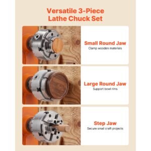 4 inch wood lathe chuck, 4 jaw, bevel gear self centering wood turning chuck set with 1" x 8tpi thread & adapter, round jaws, step jaws, nickel plated, high hardness steel, for woodworking lathe
