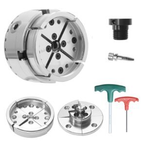 4 Inch Wood Lathe Chuck, 4-Jaw, Bevel-Gear Self-Centering Wood Turning Chuck Set with 1" x 8TPI Thread & Adapter, Round Jaws, Step Jaws, Nickel-Plated, High-Hardness Steel, for Woodworking Lathe