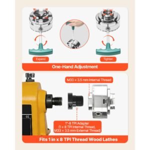 4 inch wood lathe chuck, 4 jaw, bevel gear self centering wood turning chuck set with 1" x 8tpi thread & adapter, round jaws, step jaws, nickel plated, high hardness steel, for woodworking lathe