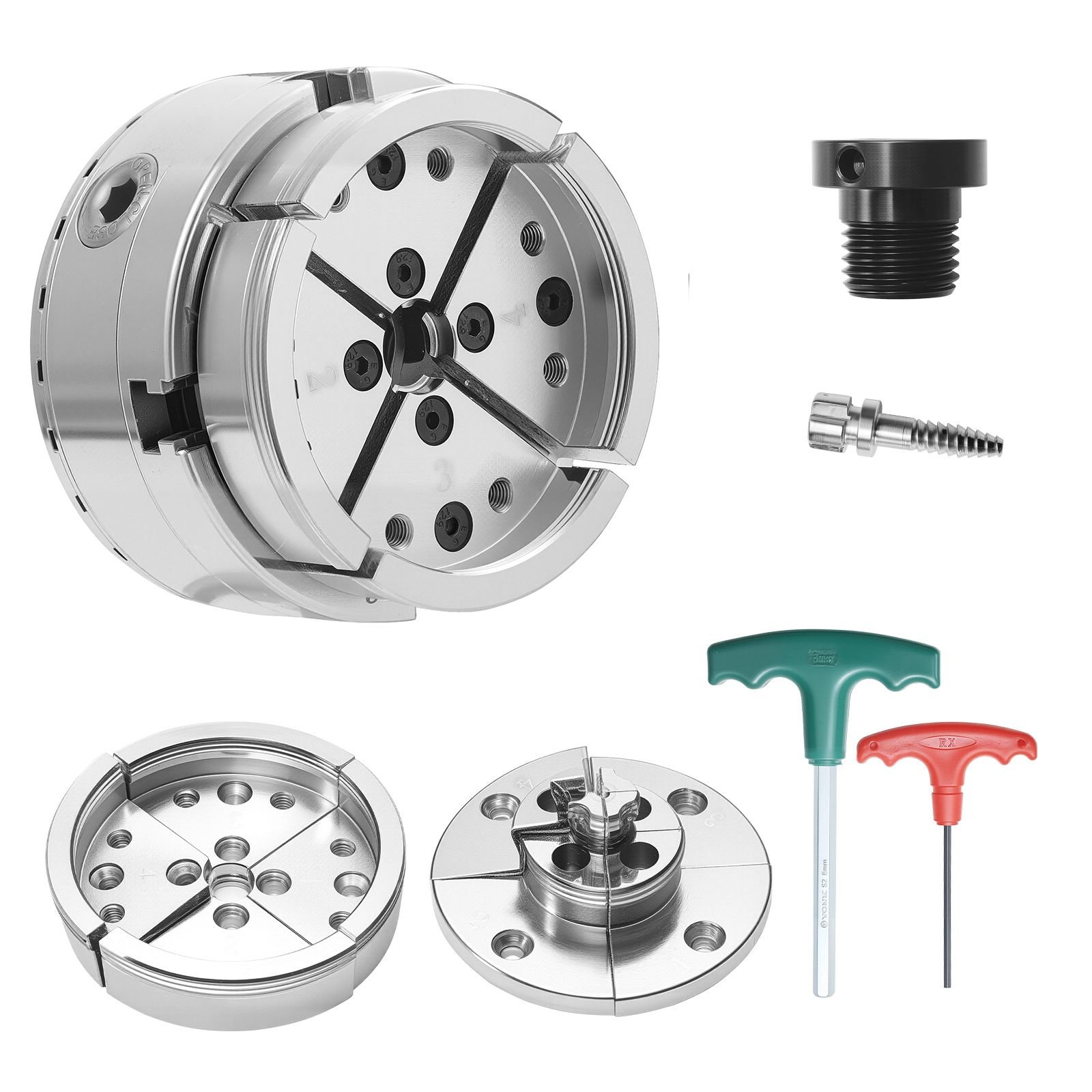 4 inch wood lathe chuck, 4 jaw, bevel gear self centering wood turning chuck set with 1" x 8tpi thread & adapter, round jaws, step jaws, nickel plated, high hardness steel, for woodworking lathe