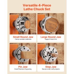 4 inch wood lathe chuck, 4 jaw, self centering wood turning chuck set with 1" x 8tpi thread & adapter, 4 pcs round/step/pin jaws, case, nickel plated, high hardness steel, for woodworking lathe