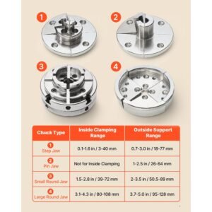 4 inch wood lathe chuck, 4 jaw, self centering wood turning chuck set with 1" x 8tpi thread & adapter, 4 pcs round/step/pin jaws, case, nickel plated, high hardness steel, for woodworking lathe