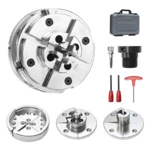 4 Inch Wood Lathe Chuck, 4-Jaw, Self-Centering Wood Turning Chuck Set with 1" x 8TPI Thread & Adapter, 4 PCS Round/Step/Pin Jaws, Case, Nickel-Plated, High-Hardness Steel, for Woodworking Lathe