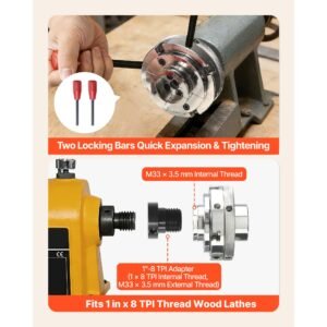 4 inch wood lathe chuck, 4 jaw, self centering wood turning chuck set with 1" x 8tpi thread & adapter, 4 pcs round/step/pin jaws, case, nickel plated, high hardness steel, for woodworking lathe