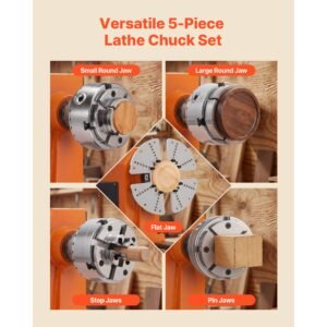 4 inch wood lathe chuck, 4 jaw, self centering wood turning chuck set with 1" x 8tpi thread & adapter, 5 pcs jaws round/flat/step/pin, carry case, nickel plated finish, for woodworking lathe