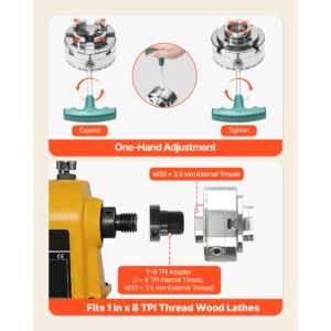 4 inch wood lathe chuck, 4 jaw, self centering wood turning chuck set with 1" x 8tpi thread & adapter, 5 pcs jaws round/flat/step/pin, carry case, nickel plated finish, for woodworking lathe