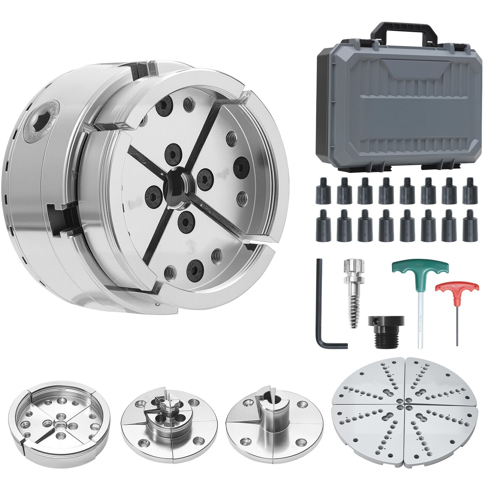 4 inch wood lathe chuck, 4 jaw, self centering wood turning chuck set with 1" x 8tpi thread & adapter, 5 pcs jaws round/flat/step/pin, carry case, nickel plated finish, for woodworking lathe