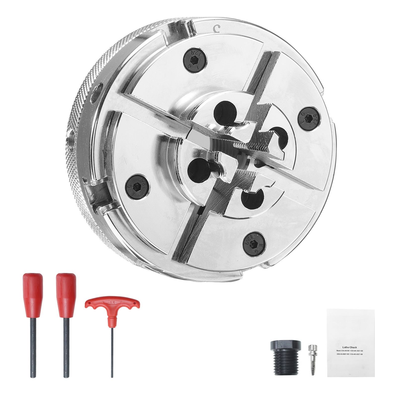 4 inch wood lathe chuck, 4 jaw, self centering wood turning chuck set with 1" x 8tpi thread & adapter, nickel plated, high hardness steel, inside clamping & outside support, for woodworking