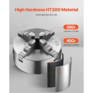 4 jaw lathe chuck, 8 inch (200 mm), self centering chuck with 1 1/2 in 8 threaded backing plate, 0.16 7.87 in (4 200 mm) clamping range with t wrench screws, ht300 material, for wood metal lathe