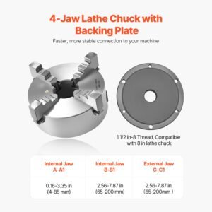 4 jaw lathe chuck, 8 inch (200 mm), self centering chuck with 1 1/2 in 8 threaded backing plate, 0.16 7.87 in (4 200 mm) clamping range with t wrench screws, ht300 material, for wood metal lathe