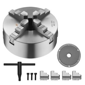 4-Jaw Lathe Chuck, 8 Inch (200 mm), Self-Centering Chuck with 1 1/2 in-8 Threaded Backing Plate, 0.16-7.87 in (4-200 mm) Clamping Range with T-wrench Screws, HT300 Material, for Wood Metal Lathe