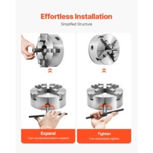 4 jaw lathe chuck, 8 inch (200 mm), self centering chuck with 1 1/2 in 8 threaded backing plate, 0.16 7.87 in (4 200 mm) clamping range with t wrench screws, ht300 material, for wood metal lathe
