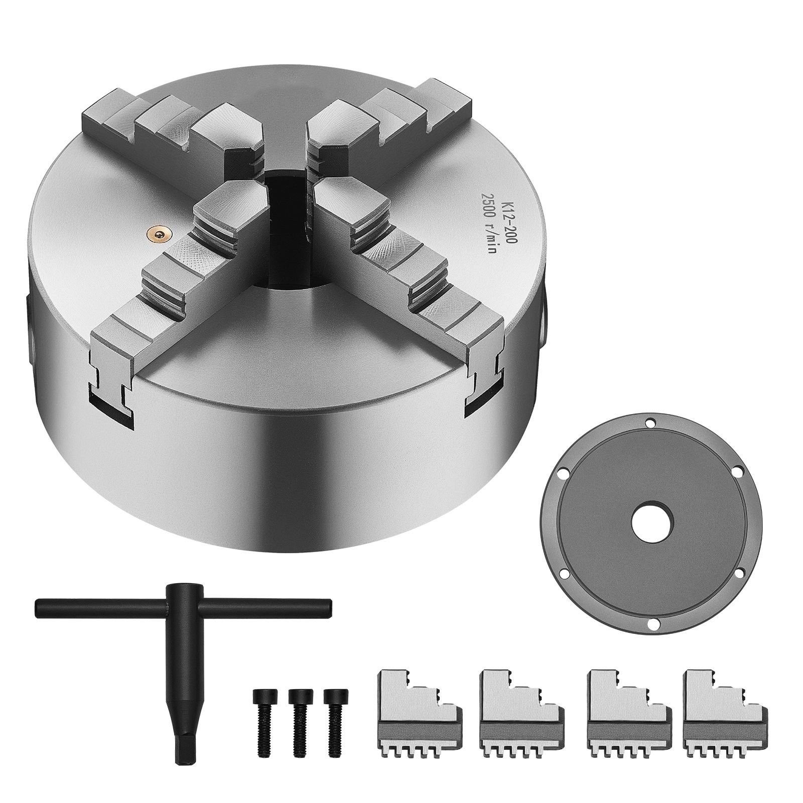 4 jaw lathe chuck, 8 inch (200 mm), self centering chuck with 1 1/2 in 8 threaded backing plate, 0.16 7.87 in (4 200 mm) clamping range with t wrench screws, ht300 material, for wood metal lathe