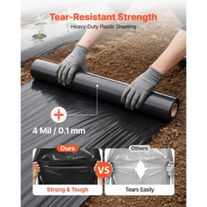 4 mil plastic sheeting 6' x 100' black heavy duty polyethylene roll, thick plastic roll for garden, drop cloth painters tarp, polyethylene covering for crawl space vapor barrier, weed control