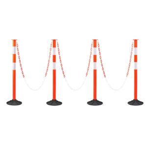 4 Pack Traffic Delineator Posts, 34 in Traffic Safety Cones with Weighted Base, Reflective Strips and Chain, Heavy Duty Delineator Posts for Construction Site, Parking Lot, Crowd Control, Red