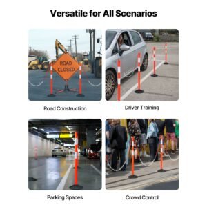 4 pack traffic delineator posts, 34 in traffic safety cones with weighted base, reflective strips and chain, heavy duty delineator posts for construction site, parking lot, crowd control, red