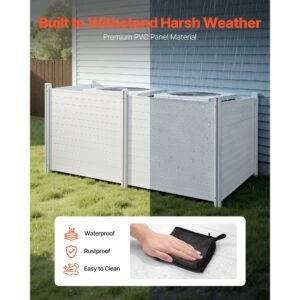 4 panels outdoor privacy screen, 50 x 50 in air conditioner fence with 27.6 in ground stakes, pool equipment enclosure, horizontal vinyl privacy fence, ideal for trash can and a/c units, white