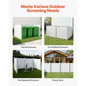 4 panels outdoor privacy screen, 50 x 50 in air conditioner fence with 27.6 in ground stakes, pool equipment enclosure, horizontal vinyl privacy fence, ideal for trash can and a/c units, white
