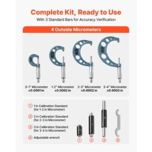4 pcs micrometer set, 0 1"/1 2"/2 3"/3 4" machinist outside micrometer, ultra precision 0.0001 accuracy, professional machinist tools with protective case, for metalworking & engineering