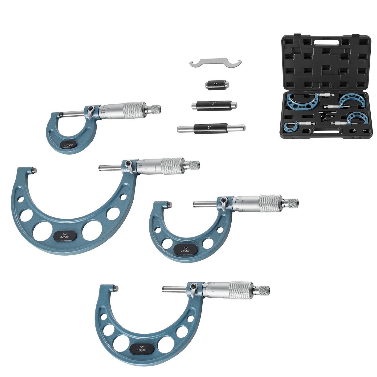 4 pcs micrometer set, 0 1"/1 2"/2 3"/3 4" machinist outside micrometer, ultra precision 0.0001 accuracy, professional machinist tools with protective case, for metalworking & engineering