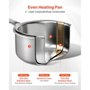 4 qt saucepan, stainless steel saucepan with glass lid, multipurpose nonstick stainless steel small cooking sauce pot with ergonomic handle, friendly for oven, dishwasher, induction cooker