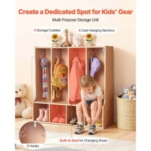 4 section kids coat locker, wooden toddler cubby storage organizer with 8 hooks & non slip mat, modern kid coat cubbies with 4 small open storage boxes for home, kindergarten, daycare, natural