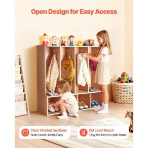 4 section kids coat locker, wooden toddler cubby storage organizer with 8 hooks & non slip mat, modern kid coat cubbies with 4 small open storage boxes for home, kindergarten, daycare, natural