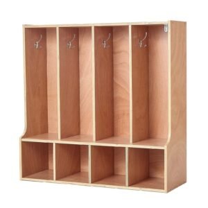 4-Section Kids Coat Locker, Wooden Toddler Cubby Storage Organizer with 8 Hooks & Non-Slip Mat, Modern Kid Coat Cubbies with 4 Small Open Storage Boxes for Home, Kindergarten, Daycare, Natural