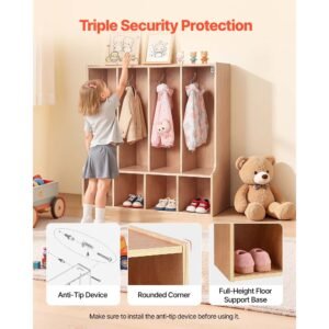 4 section kids coat locker, wooden toddler cubby storage organizer with 8 hooks & non slip mat, modern kid coat cubbies with 4 small open storage boxes for home, kindergarten, daycare, natural