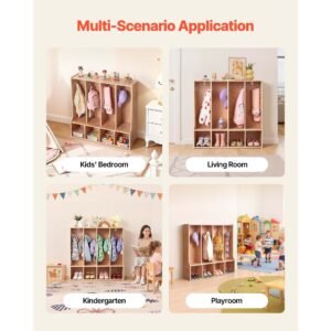 4 section kids coat locker, wooden toddler cubby storage organizer with 8 hooks & non slip mat, modern kid coat cubbies with 4 small open storage boxes for home, kindergarten, daycare, natural