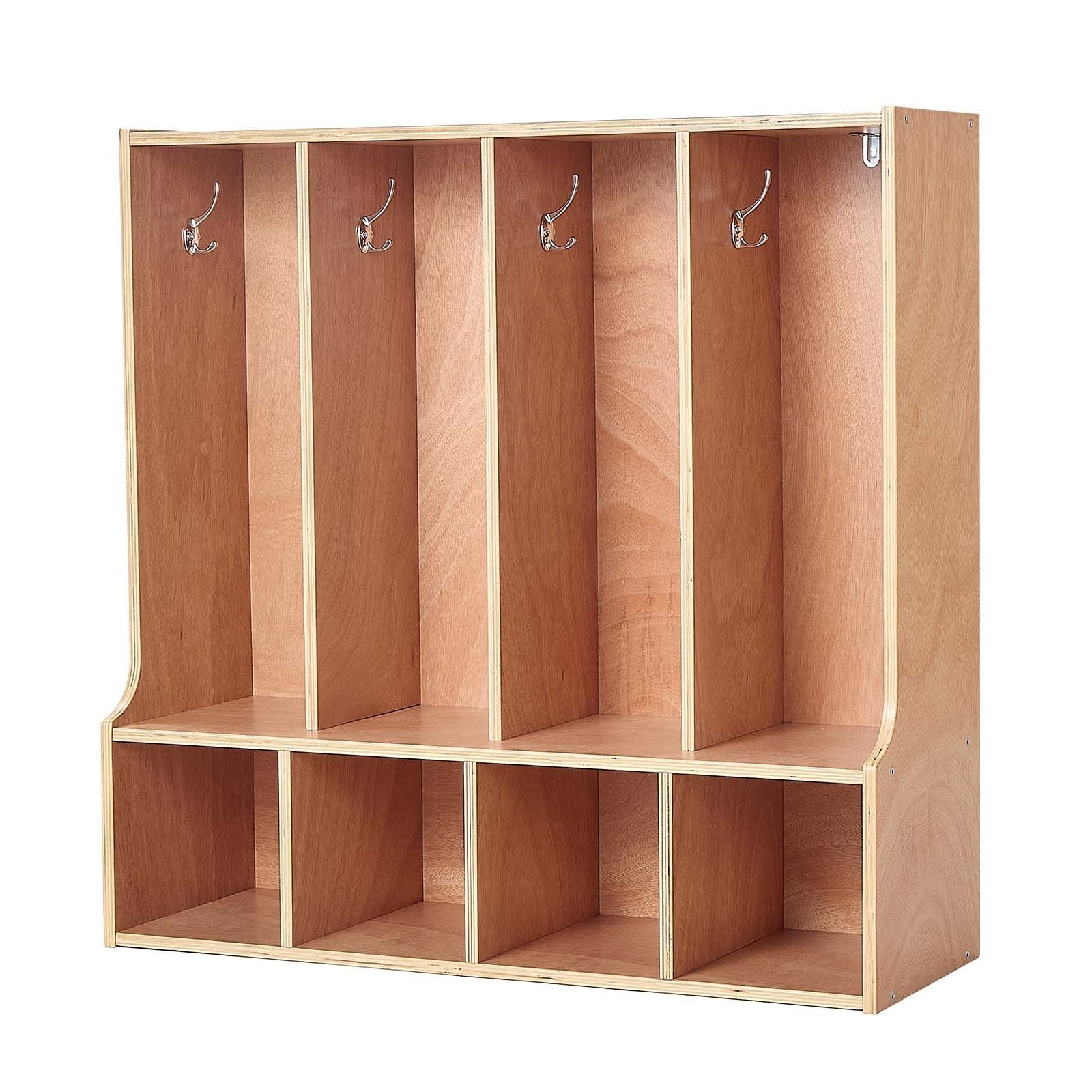 4 section kids coat locker, wooden toddler cubby storage organizer with 8 hooks & non slip mat, modern kid coat cubbies with 4 small open storage boxes for home, kindergarten, daycare, natural