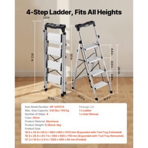 4 step ladder, folding step stool with wide anti slip pedal and comfort handgrip, 330 lbs capacity portable aluminum stepladder, multi use for kitchen, home, warehouse and office, silver