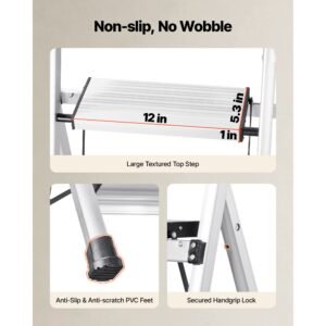 4 step ladder, folding step stool with wide anti slip pedal and comfort handgrip, 330 lbs capacity portable aluminum stepladder, multi use for kitchen, home, warehouse and office, silver