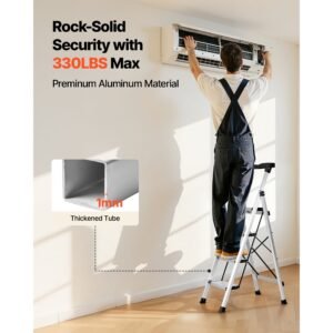 4 step ladder, folding step stool with wide anti slip pedal and comfort handgrip, 330 lbs capacity portable aluminum stepladder, multi use for kitchen, home, warehouse and office, silver