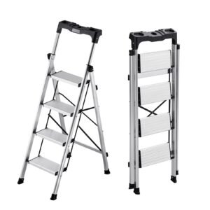4 Step Ladder, Folding Step Stool with Wide Anti-Slip Pedal and Comfort Handgrip, 330 lbs Capacity Portable Aluminum Stepladder, Multi-Use for Kitchen, Home, Warehouse and Office, Silver