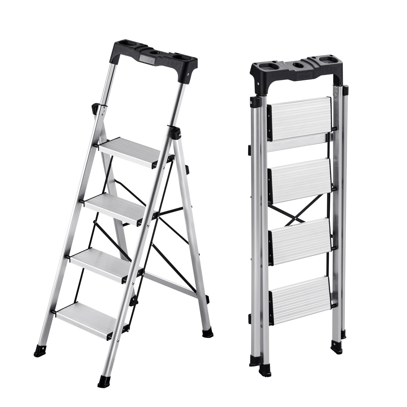 4 step ladder, folding step stool with wide anti slip pedal and comfort handgrip, 330 lbs capacity portable aluminum stepladder, multi use for kitchen, home, warehouse and office, silver