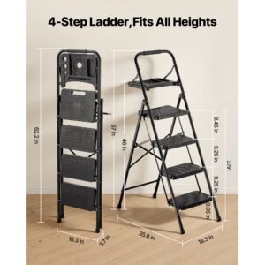4 step ladder, folding step stool with wide anti slip pedal, tool tray, comfort handgrip, 600 lbs capacity portable steel ladder, multi use for kitchen, home, household and office, black