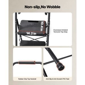 4 step ladder, folding step stool with wide anti slip pedal, tool tray, comfort handgrip, 600 lbs capacity portable steel ladder, multi use for kitchen, home, household and office, black