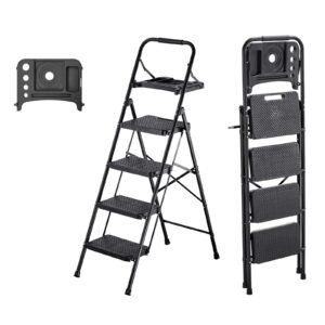 4 Step Ladder, Folding Step Stool with Wide Anti-Slip Pedal, Tool Tray, Comfort Handgrip, 600 lbs Capacity Portable Steel Ladder, Multi-Use for Kitchen, Home, Household and Office, Black