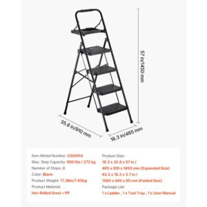 4 step ladder, folding step stool with wide anti slip pedal, tool tray, comfort handgrip, 600 lbs capacity portable steel ladder, multi use for kitchen, home, household and office, black