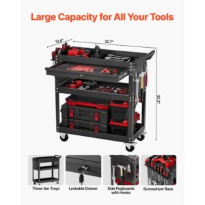 4 tier tool cart with wheels, 350 lbs load capacity, rolling work cart with drawer & pegboard, mechanic tool storage organizer with locking system for garage, warehouse and repair shop, black