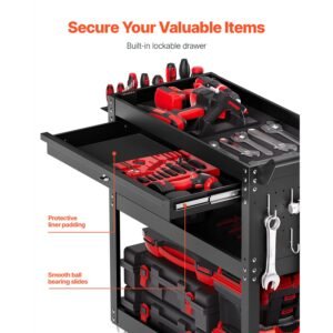 4 tier tool cart with wheels, 350 lbs load capacity, rolling work cart with drawer & pegboard, mechanic tool storage organizer with locking system for garage, warehouse and repair shop, black