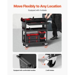 4 tier tool cart with wheels, 350 lbs load capacity, rolling work cart with drawer & pegboard, mechanic tool storage organizer with locking system for garage, warehouse and repair shop, black
