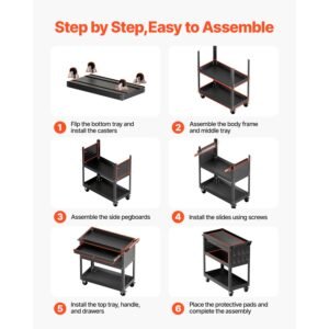 4 tier tool cart with wheels, 350 lbs load capacity, rolling work cart with drawer & pegboard, mechanic tool storage organizer with locking system for garage, warehouse and repair shop, black