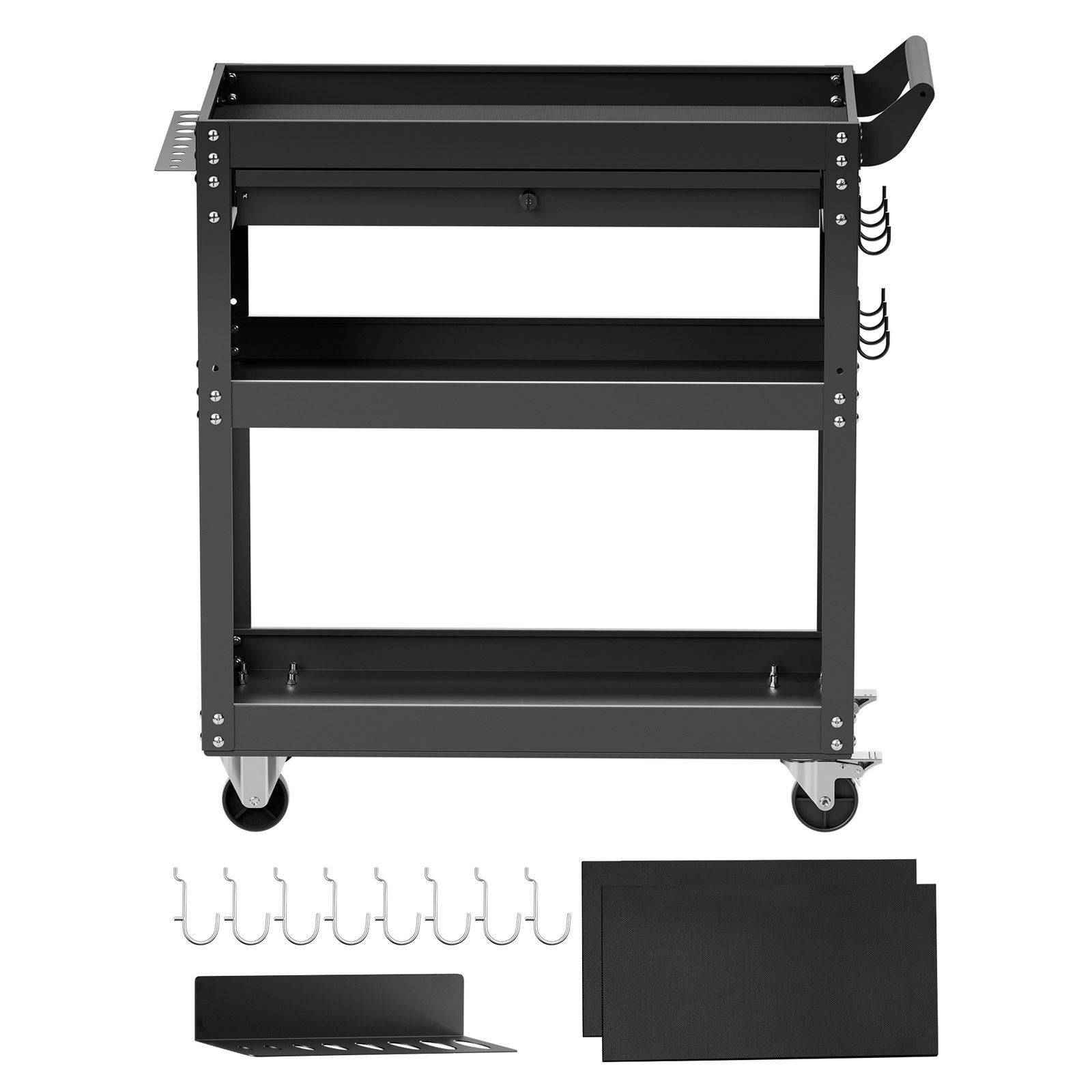 4 tier tool cart with wheels, 350 lbs load capacity, rolling work cart with drawer & pegboard, mechanic tool storage organizer with locking system for garage, warehouse and repair shop, black